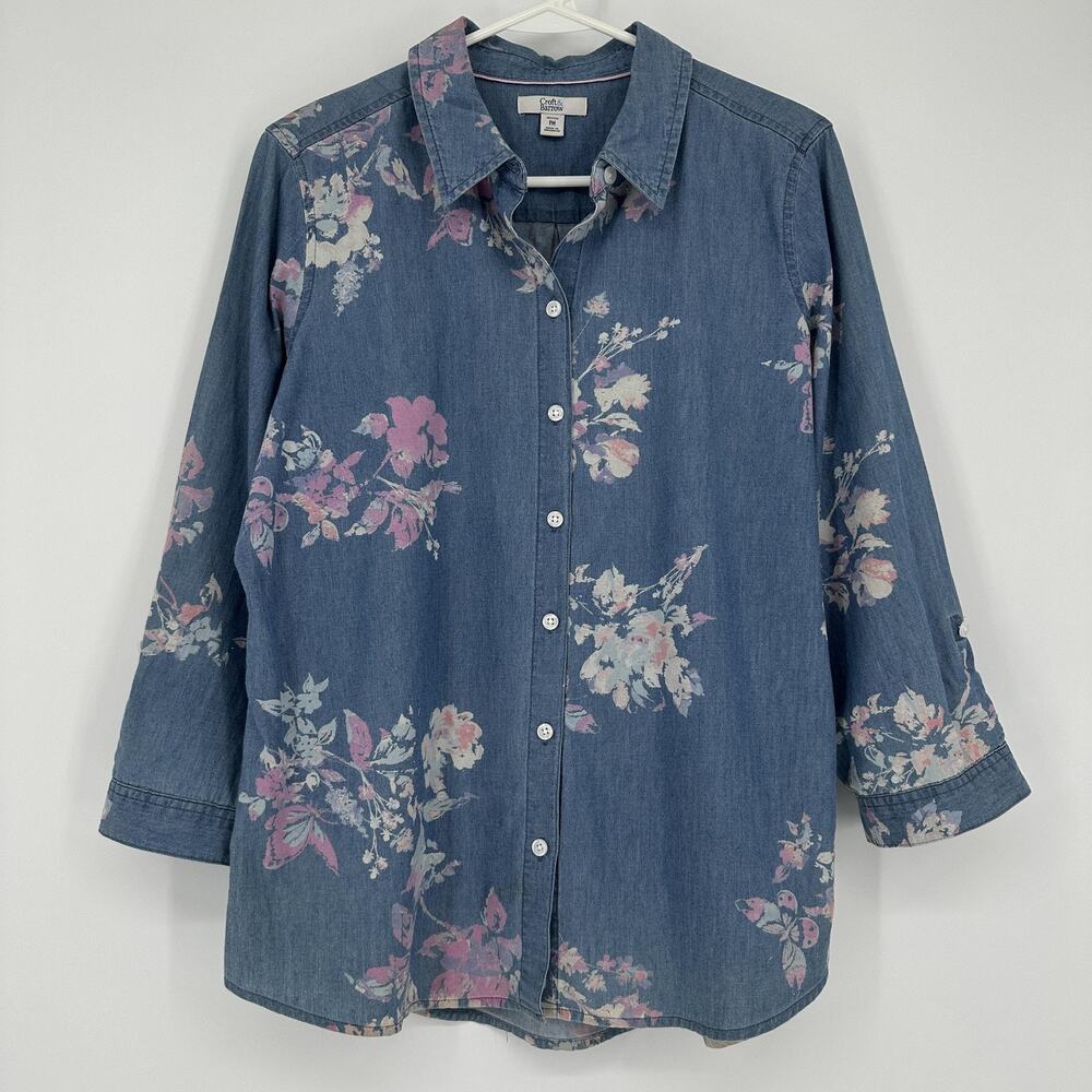 Croft & Barrow Shirt Womens Petites Medium Denim Chambray Floral Button Up Top